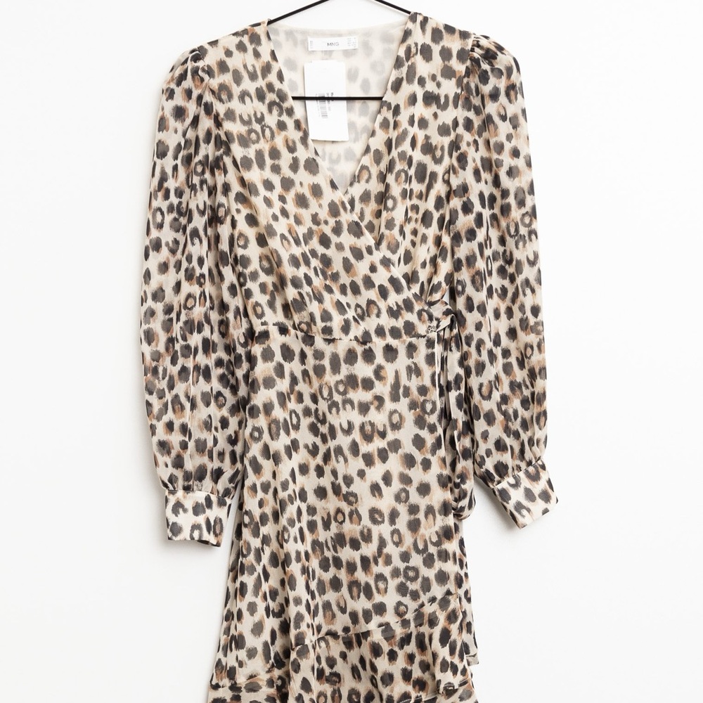 Mango Leopard Print Chiffon Wrap Dress